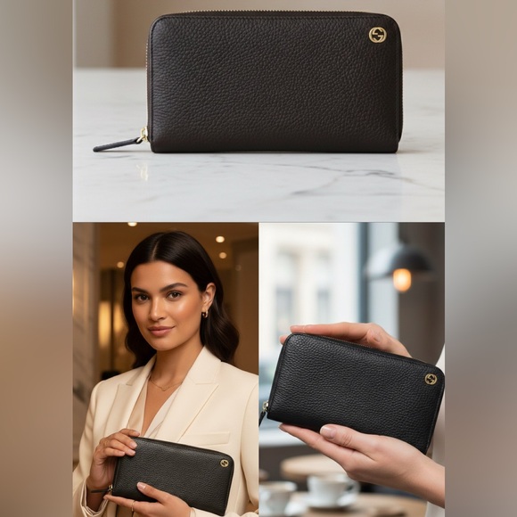 Gucci Handbags - Gucci Brown Pebbled Leather Interlocking G Zip Around Wallet 449347